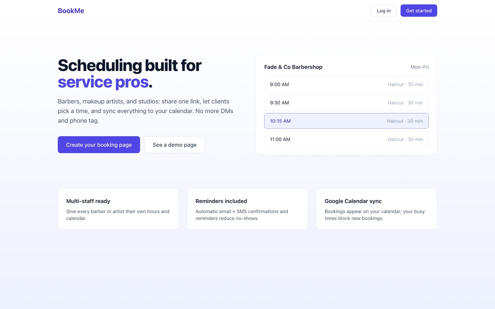 Homepage of BookMe, a Calendly-style multi-staff scheduling platform designed and built by Mintek Software.