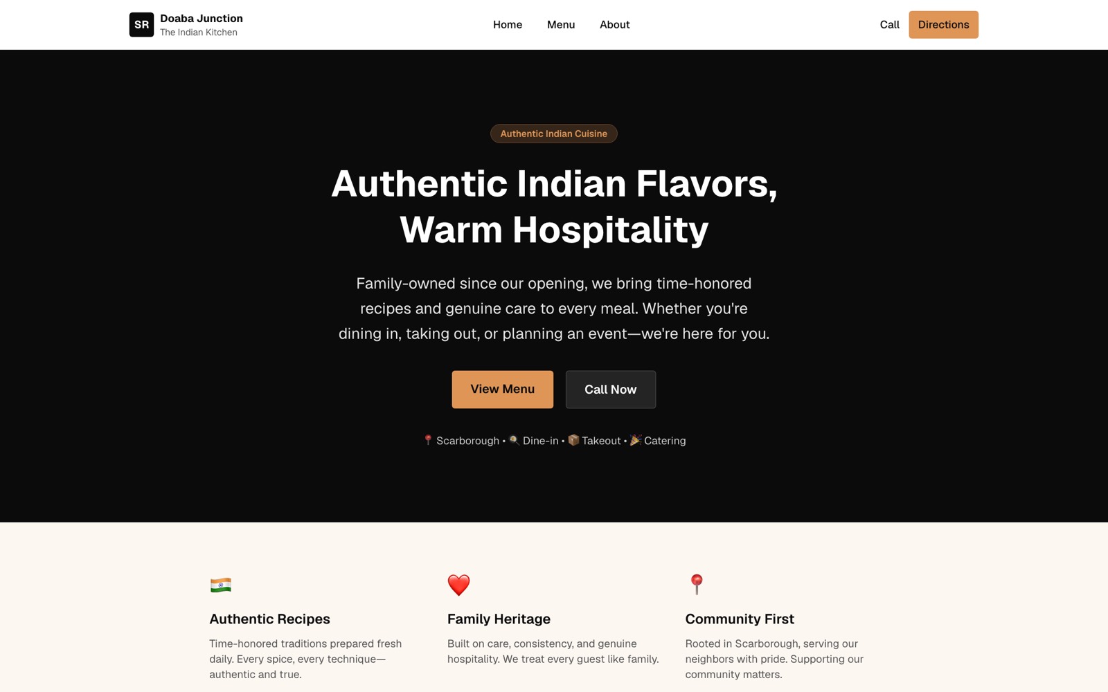 Homepage of the Doaba Junction restaurant website, a mobile-first menu and ordering site designed by Mintek Software.