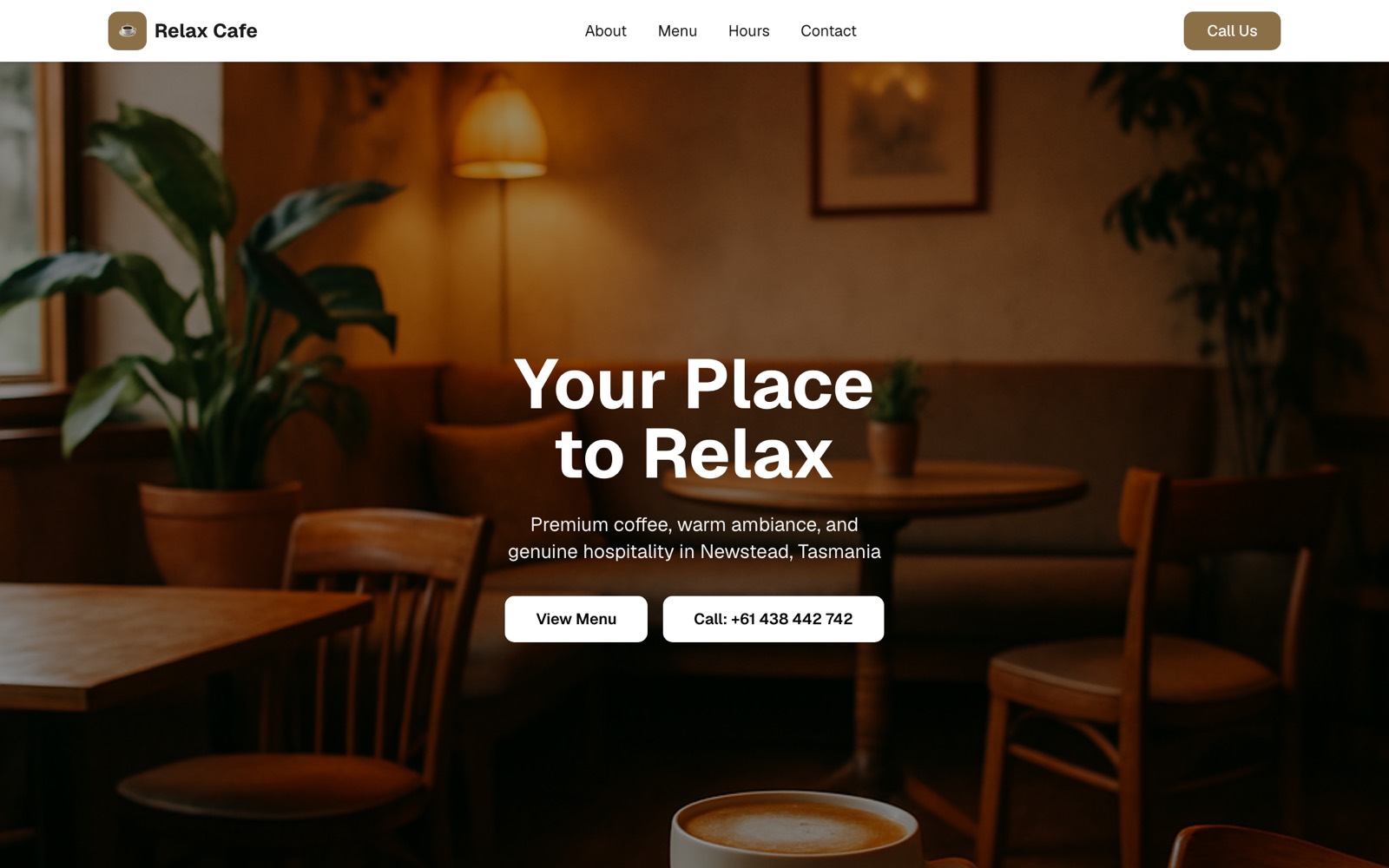 Homepage of the Relax Cafe website, a mobile-first hospitality site designed by Mintek Software for an Australian cafe.